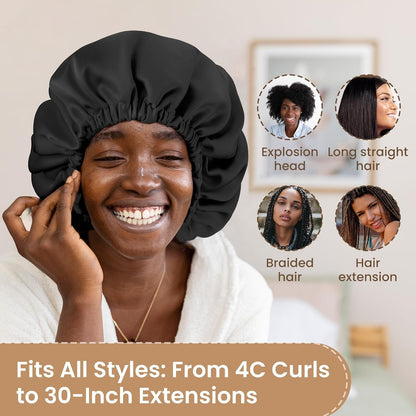 Adjustable Double Layer Silk-Satin Hair Bonnet for Sleeping Women – Anti-Frizz Curly Hair Sleep Cap, Hair Protector for Night, Moisture Retention Soft Bonnet for Natural Hair (black,Large)