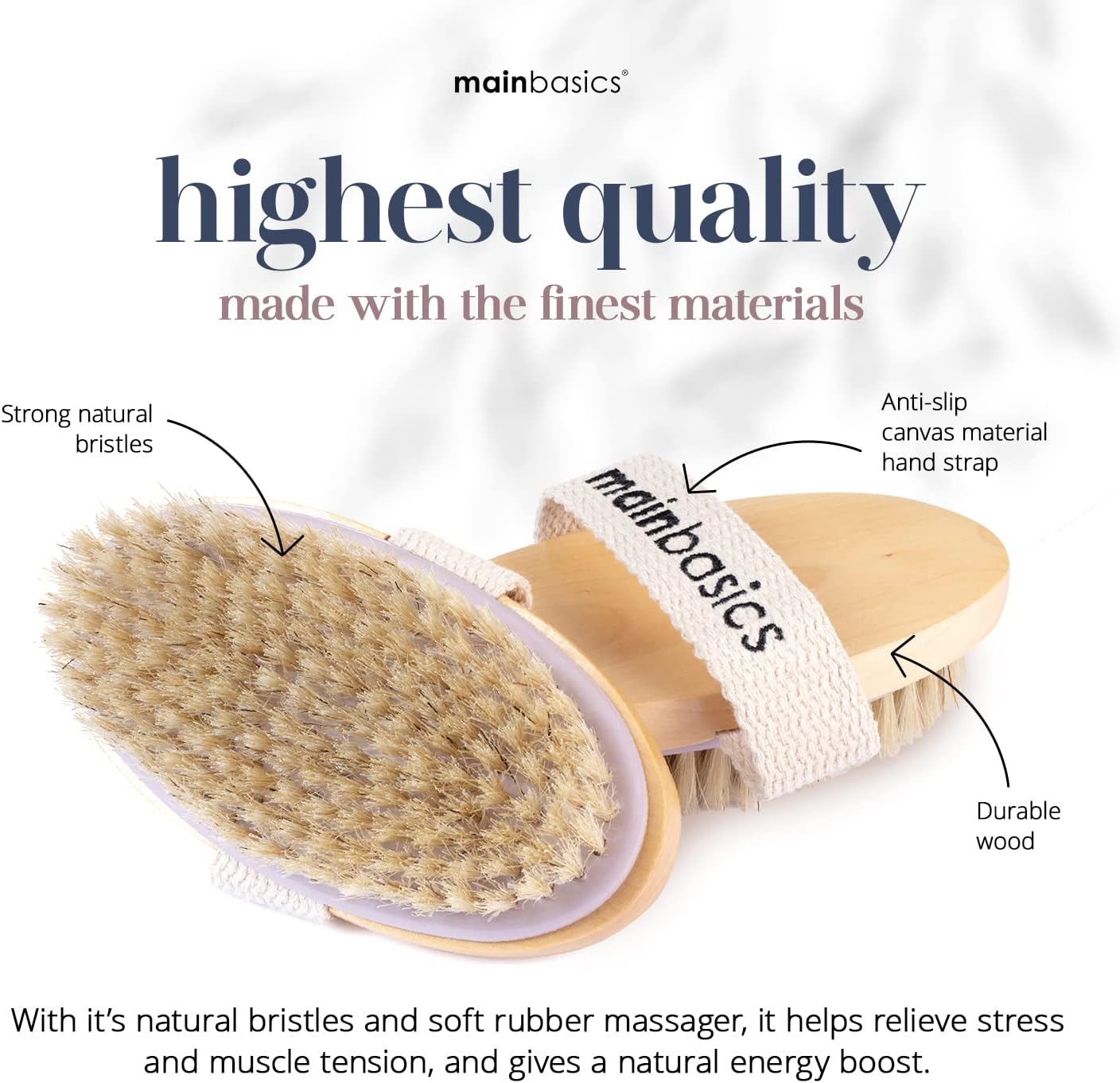 MainBasics Dry Brushing Body Brush for Lymphatic Drainage, Dry Skin, Cellulite, Blood Circulation with Exfoliating Natural Bristles and Massage Nodes for Flawless Skin