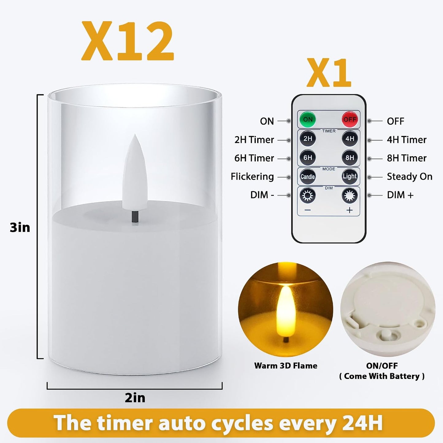 VIODAIM 12Pack Flickering Flameless LED Candles with Timer, Battery Powered - Small Pillar & Votive, Clear (2"X3")