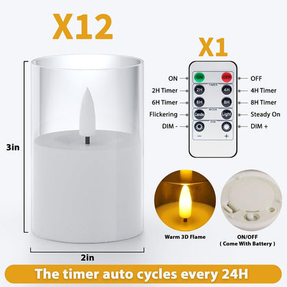 VIODAIM 12Pack Flickering Flameless LED Candles with Timer, Battery Powered - Small Pillar & Votive, Clear (2"X3")