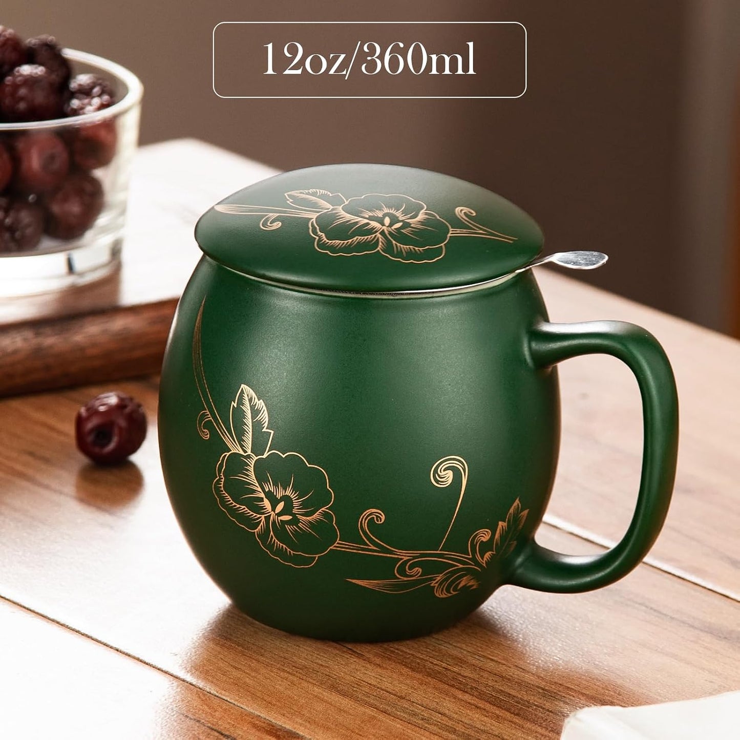 Yundu 12 OZ Matte Green Ceramics Teacup with Infuser and Lid, Mug with Lid for Steeping - Stainless Steel Infuser for Loose Leaf Tea, Home Office Gift for Tea Lovers