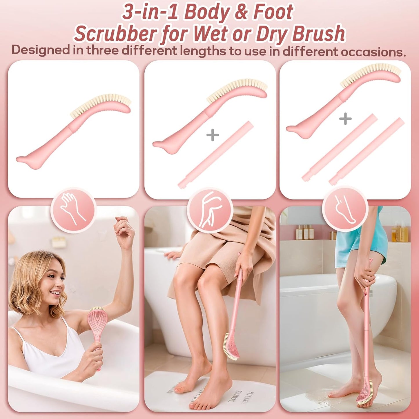 New Foot Brush with Adjustable Long Handle, 3-in-1 Foot Scrubber for Wet or Dry Brushing, 10.2’’- 27.5’’ Foot Scrub Brush for Senior, Pregnant, Disabled, or Injured, Gift-Box Packed(White)