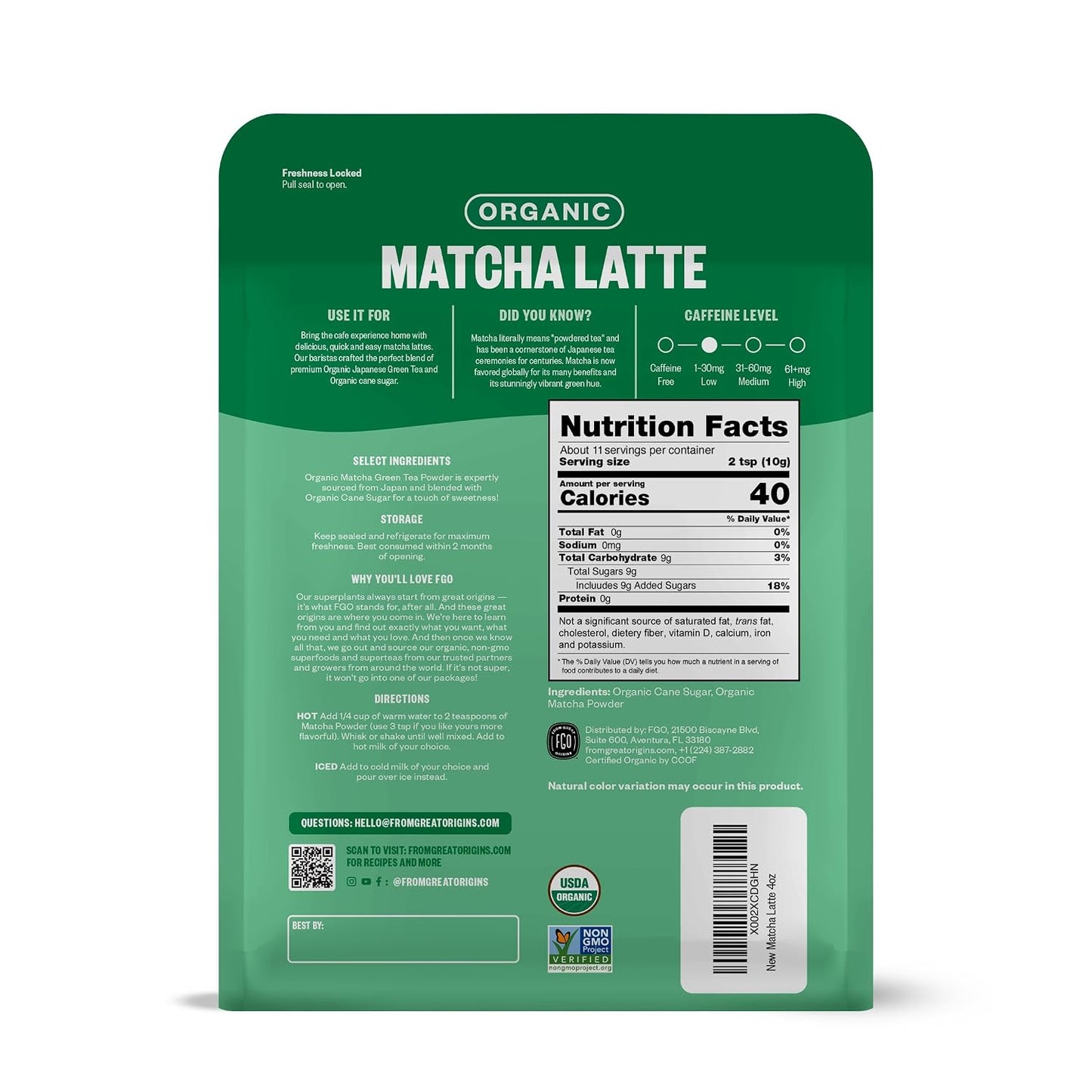 FGO Organic Matcha Latte Powder, 16 Ounce Bulk Resealable Bag, Japanese Matcha with Organic Cane Sugar, Lightly Sweetened, Packaging May Vary (Pack of 1)