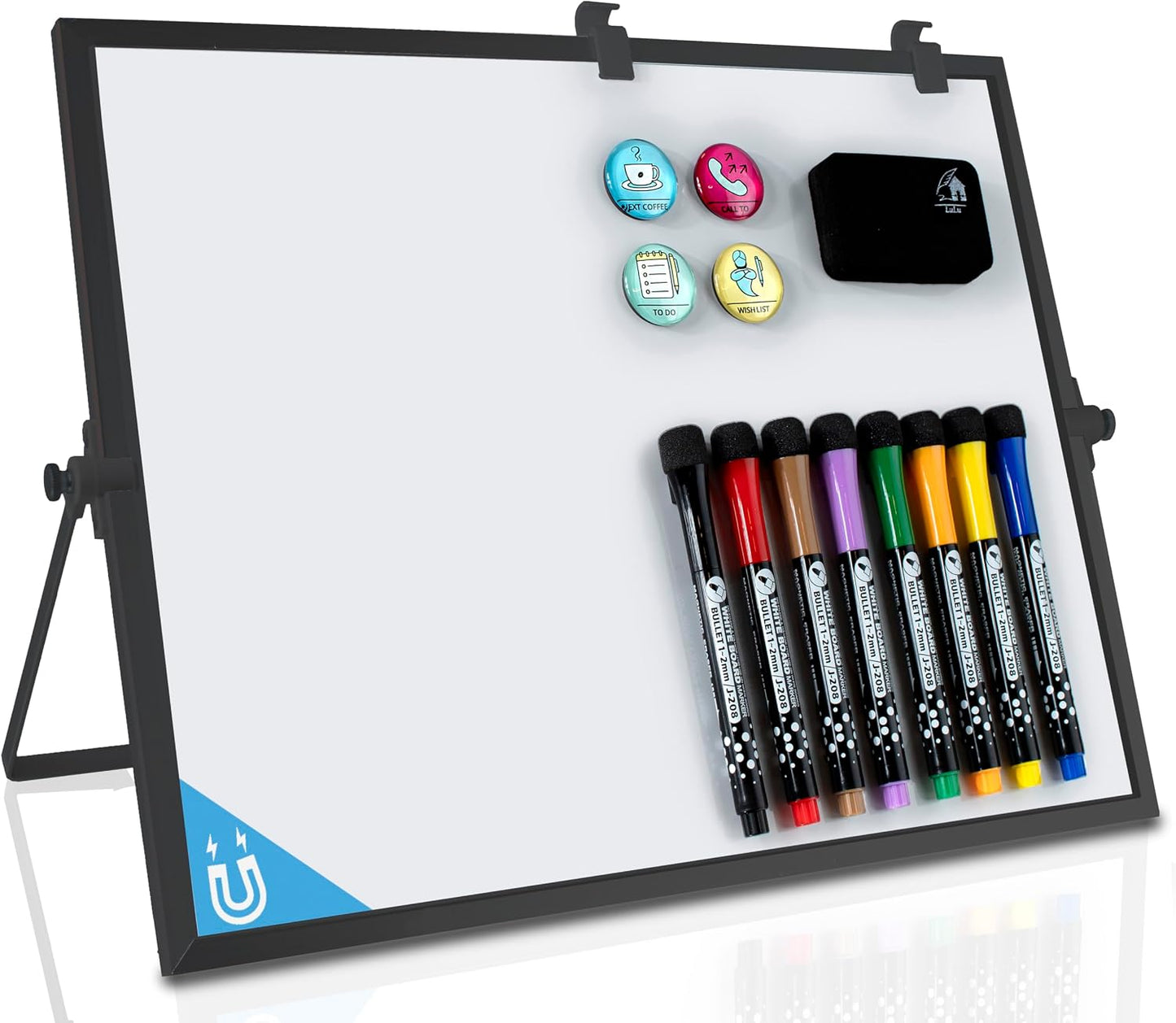 Dry Erase White Board for Desktop & Wall 12"x16" with 2 Magnetic Removable Planners - Weekly & Monthly to Do List Board with Stand, 6 Markers Eraser & Wall Hangers - Portable Double Sided Magnetic