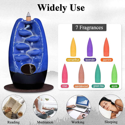 SPACEKEEPER Ceramic Backflow Incense Holder Waterfall Incense Burner, Blue