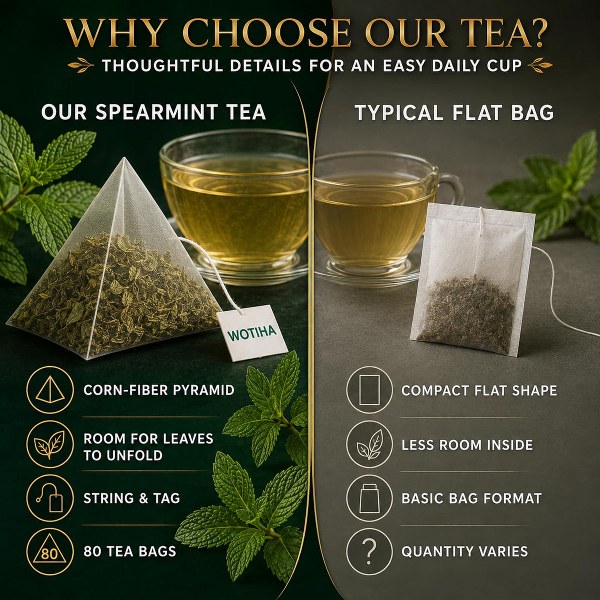 WOTIHA 80 Count Premium Spearmint Tea Bags - 100% Pure Natural Spearmint Leaves, High in Antioxidants, Supports Digestion, Caffeine-Free, Additive-Free, Sugar-Free, Vegan Non-GMO.