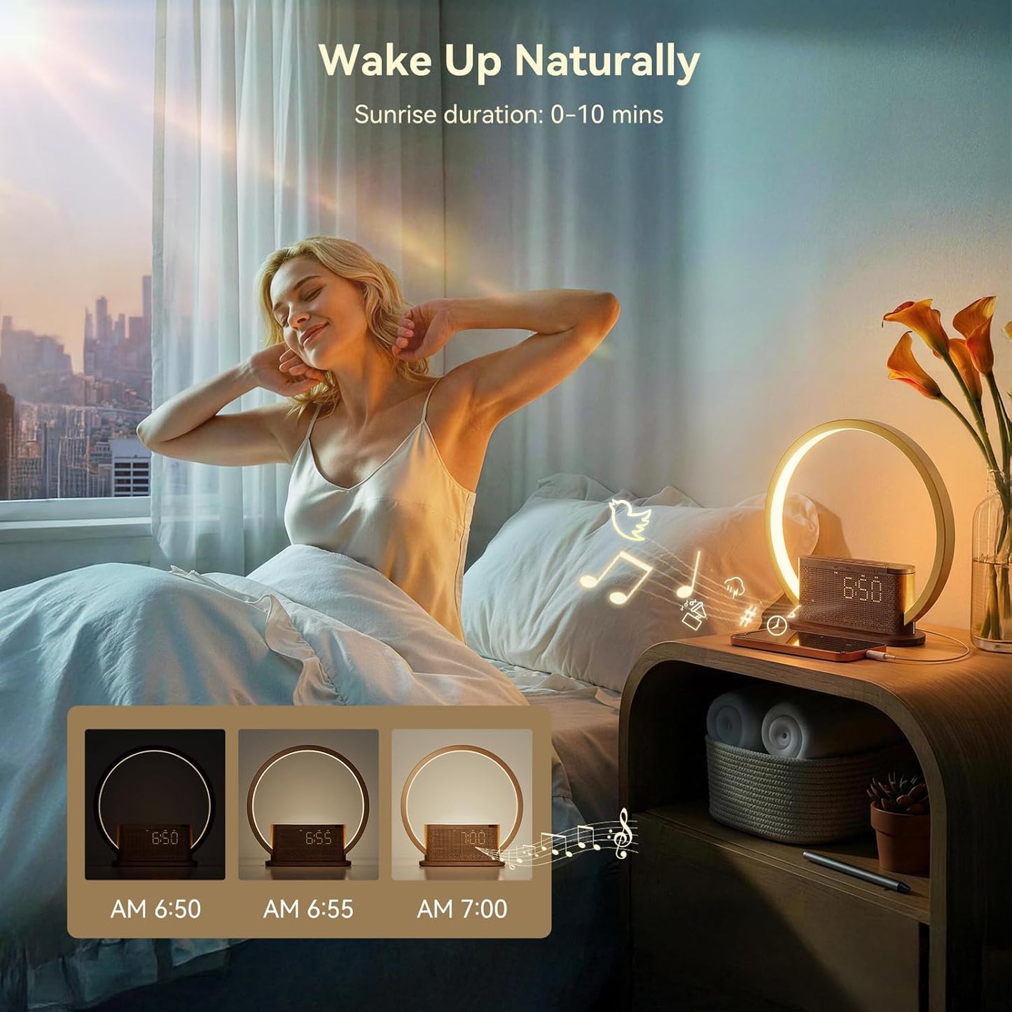 Alarm Clock with Sunrise & Sleep Sound Machine – Natural Wake-Up Light, Dual Alarms & Snooze, 20 Soothing Sounds, Dimmable Clock & Night Light, for Heavy Sleepers & Adults, Deep Wood Grain