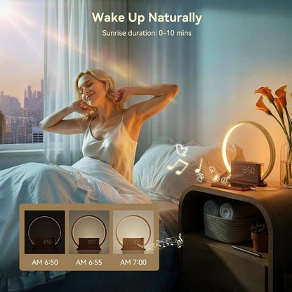 Alarm Clock with Sunrise & Sleep Sound Machine – Natural Wake-Up Light, Dual Alarms & Snooze, 20 Soothing Sounds, Dimmable Clock & Night Light, for Heavy Sleepers & Adults, Deep Wood Grain