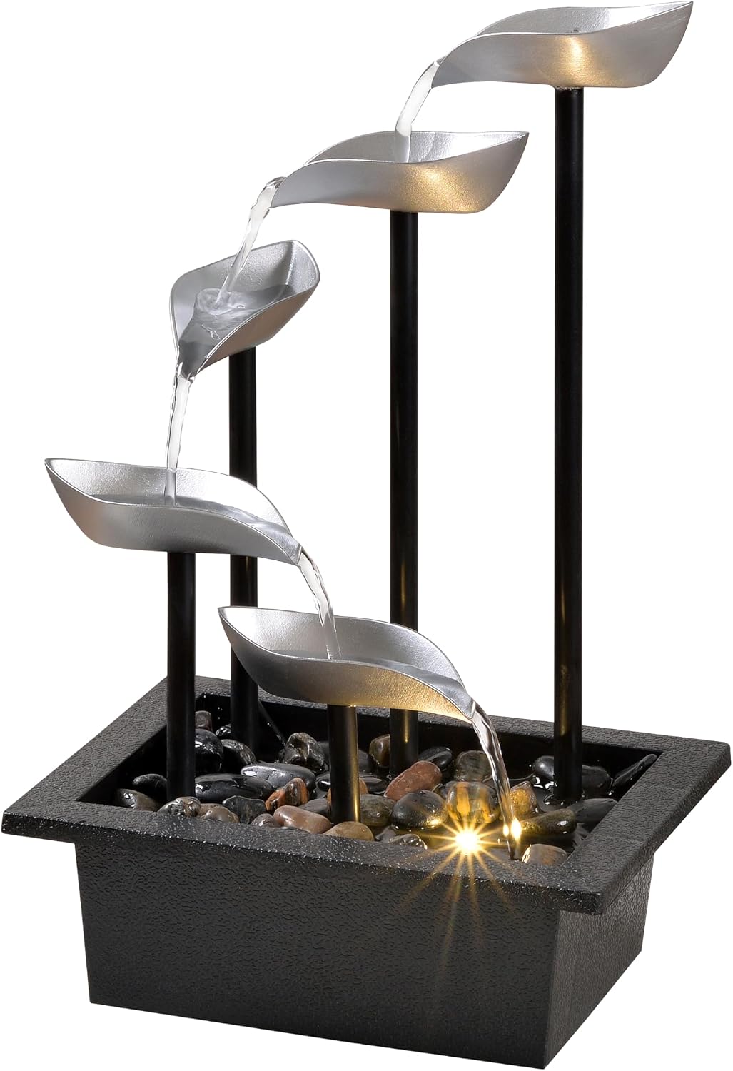 Tabletop Water Fountain, Modern Indoor Waterfall Feature with LED Light, Soothing Zen Desktop Fountain for Home Office Bedroom Relaxation Decor 13.7 Inch