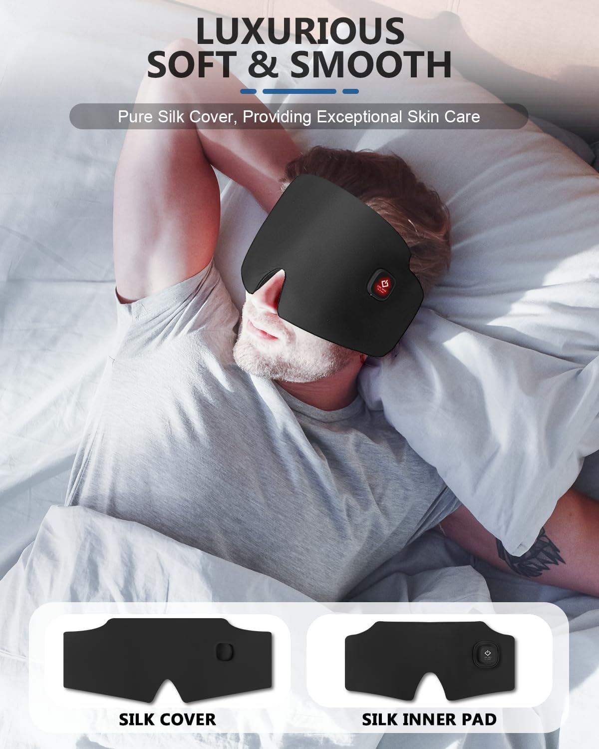 Silk Heated Eye Mask, 2000mAh Large Size Cordless Sleep Mask Warm Eye Compress Electric Heating Pad for Stye Blepharitis Dry Eyes Sinus Migraine Gifts for Men and Women (Black)
