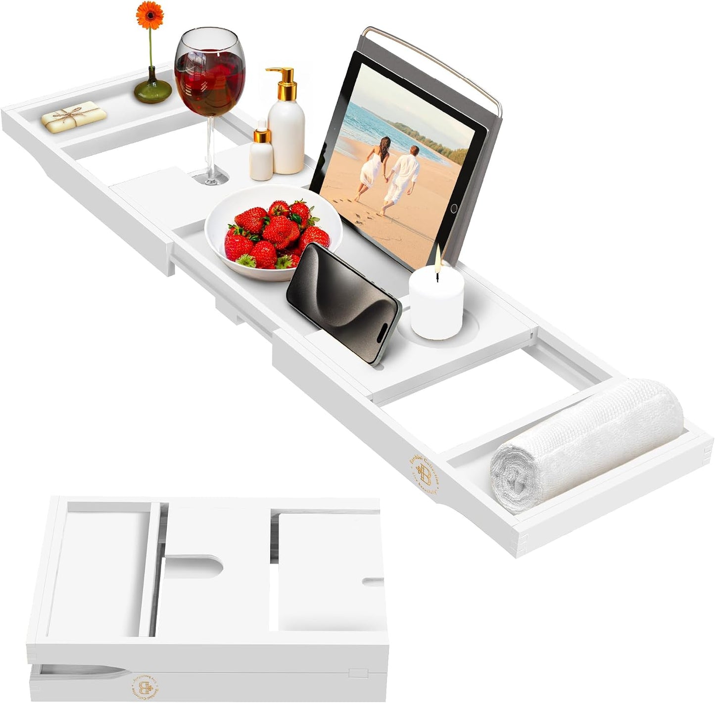 Bambüsi Bathtub Tray for Tub - Brown Bamboo Bath Tray, Expandable Wooden Bath Caddy Tray with Wine Holder, Book and Tablet Stand, Bathroom Accessories, Tub Table, Spa Bath Gifts for Women and Couples