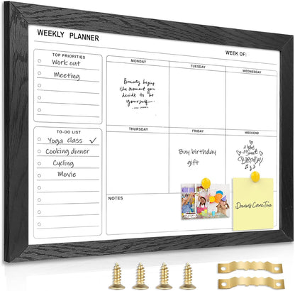 White Board Weekly Calendar Dry Erase Planner for Wall-16"X12",Black Solid Wood Frame,Minimal/Modern Design, Magnetic Whiteboard Planner for to Do List, Memo, School, Home, Office, Kitchen
