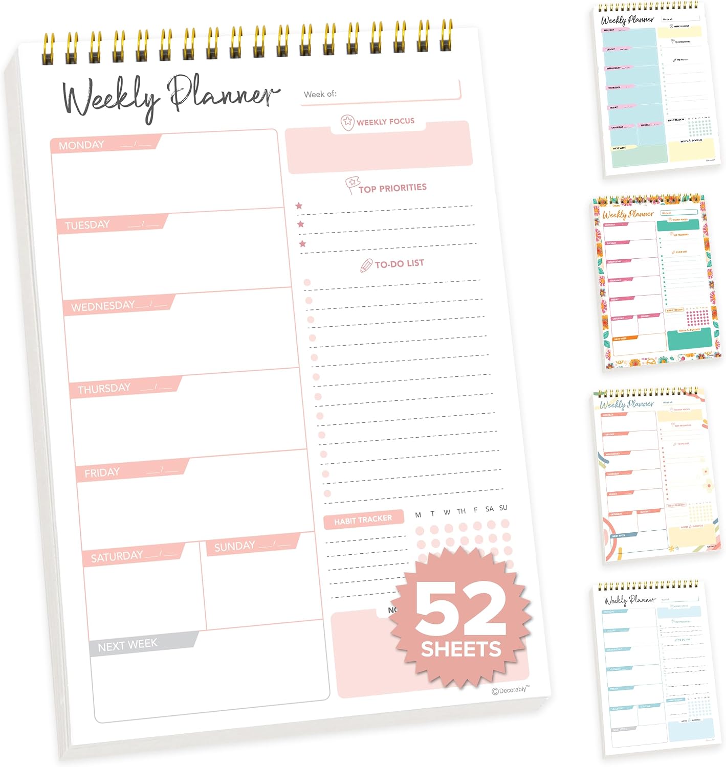 Decorably 52 Sheets Blue Undated Weekly Planner Notepad - 6.5x10in Spring-Bound, Easy Tear-Off Design, with Focus, Priorities, to-do List, Habit Tracker & Notes - Home, School, Office