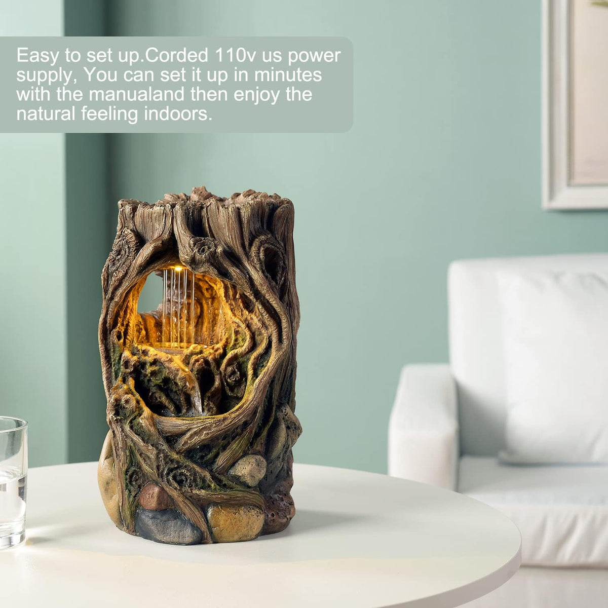 GOSSI Indoor Water Fountain Stump Rain Drop Meditation Desk Fountain Artistic Relaxation Waterfall for Home and Office Decor (22013)