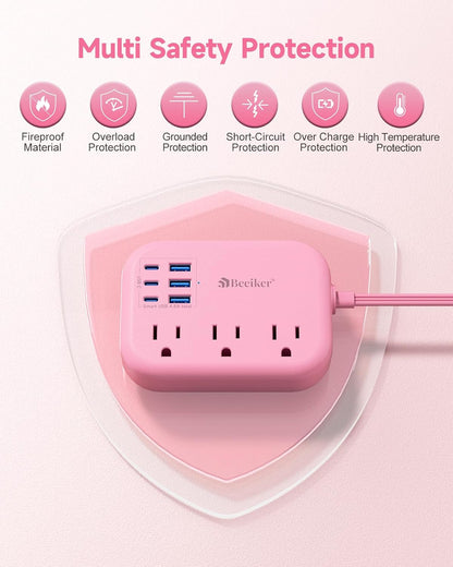 6 USB(3 USB C) Power Strip- Travel Power Strip with 6 USB Desktop Charging Station 24W/4.8A and 3 Outlets, 5Ft Flat Plug Braided Extension Cord, Non Surge Protector for Cruise Ship Travel Office Dorm