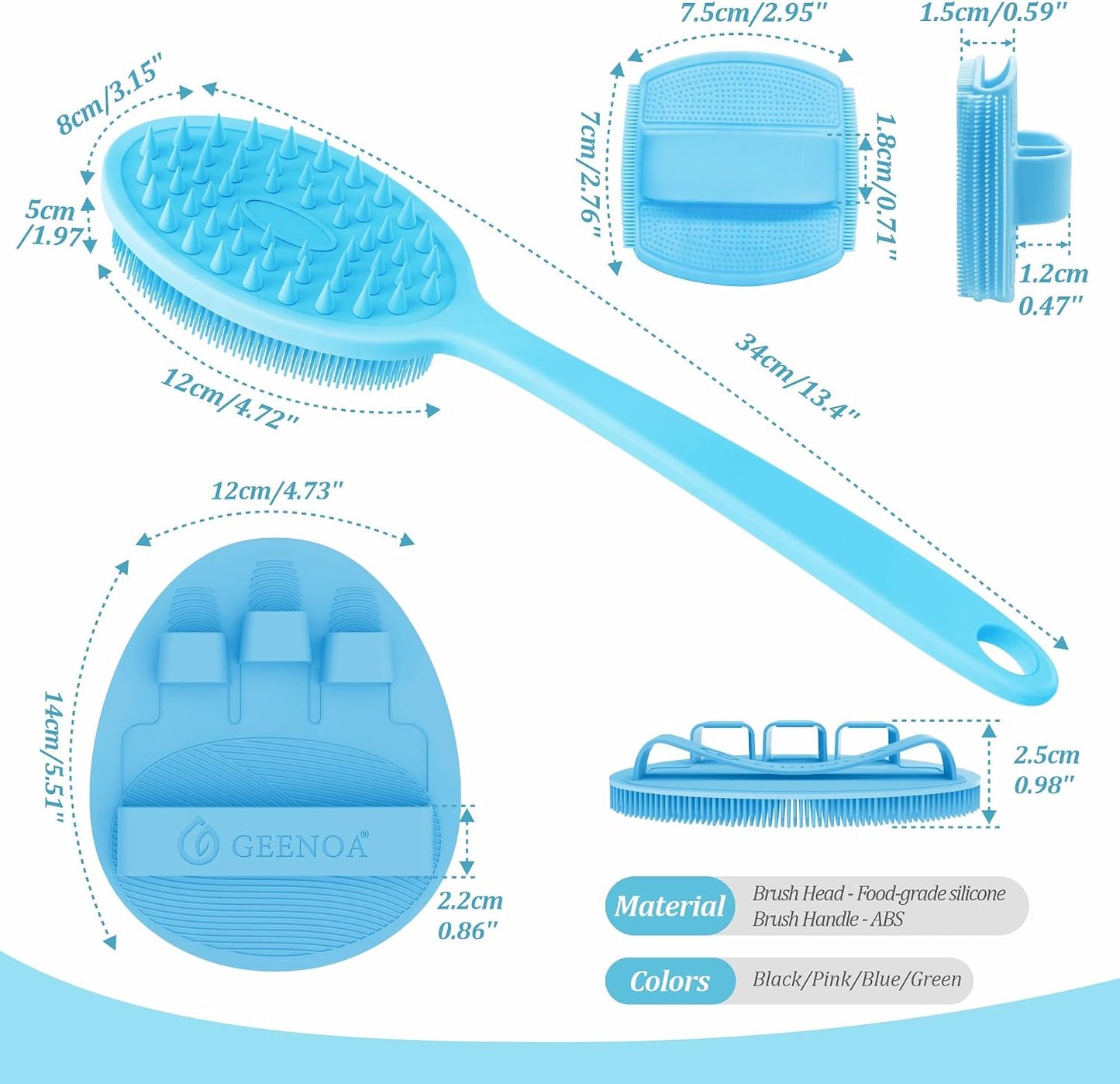 Silicone Back Scrubber & Bath Glove Set 2PCS, 13.4'' Gentle Shower Back Scrubber with Dual-Side Head Non-Slip Handle, 360° Anti-Slip Hand-fit Bath Glove for Rich Foaming Deep Cleaning(Black)