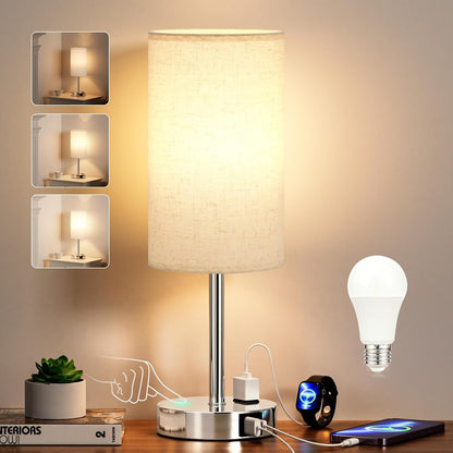 Dicoool Touch Table Lamp for Bedroom, 3 Way Dimmable Bedside Lamp with USB C & A Charging Ports - Small Desk Lamp for Dorm Room, College, Kids, Office, Living Room, White