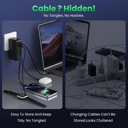 120W USB C Charger Block with 2 Built-in Retractable Cables,4-in-1 GaN IV Foldable Plug Wall Charger Fast Charging Station,PD 65W Laptop Adapter for MacBook/iPad,iPhone 17/16/15/14,Galaxy,Android etc