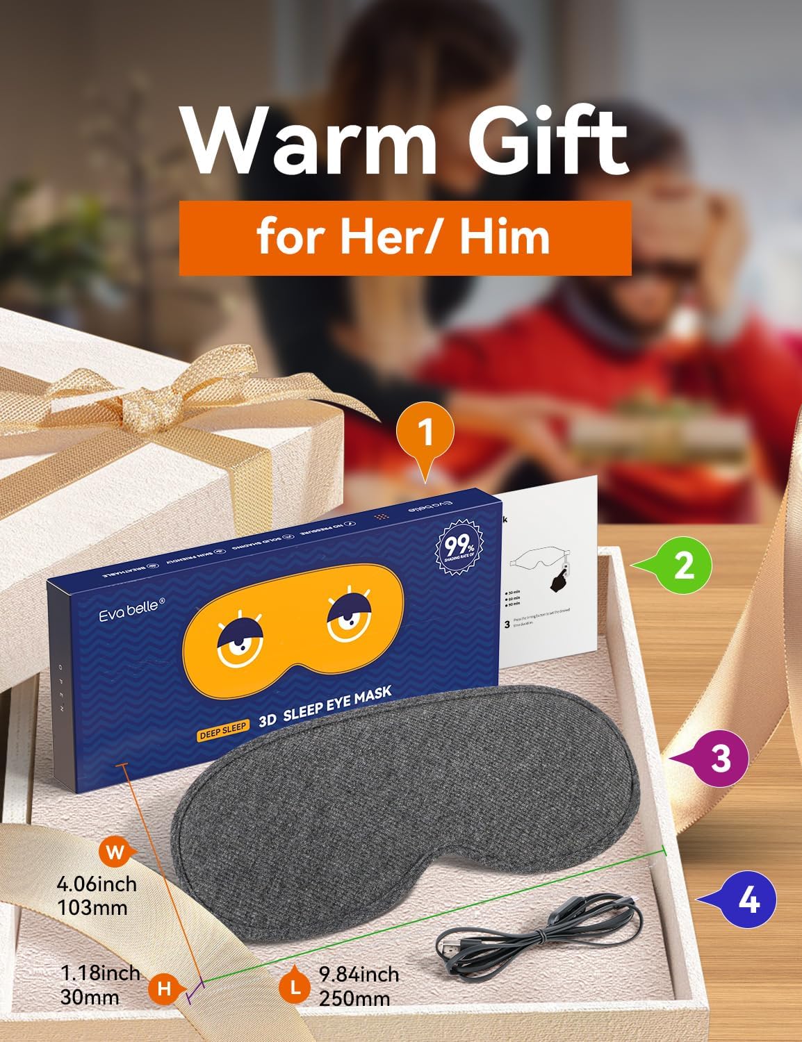 Sleep Mask, EVA BELLE Heated Eye Mask, Electric Sleeping Eye Mask, Warm Eye Compress Mask for Stye Relief, Adjustable Temperature & Timer, Electric Eye Heating Pad for Men Women-Graphene Heating