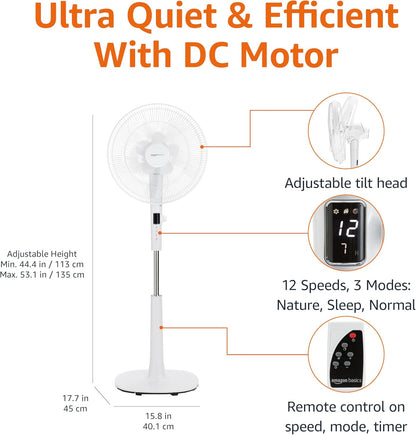 Amazon Basics 16" Pedestal Fan with Remote for Bedroom, Living Room, Office, Adjustable Height, Dual-Layered Blades, 3 Speeds, 3 Modes, Timer, Tilt Head, 60W, Black