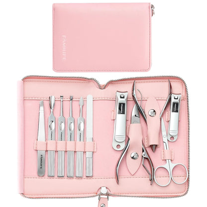 FAMILIFE Gifts for Women, Manicure Set Professional Manicure Kit 11 in 1 Nail Kit Nail Clippers Tools Stainless Steel with Rose Gold Leather Case Travel Sets