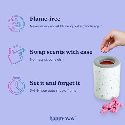 Happy Wax Marble Signature Wax Melt Warmer for Scented Wax Melts, Cubes & Tarts – Electric Wax Melter with Automatic Timer and No Scrape Silicone Dish for Easy Wax Removal