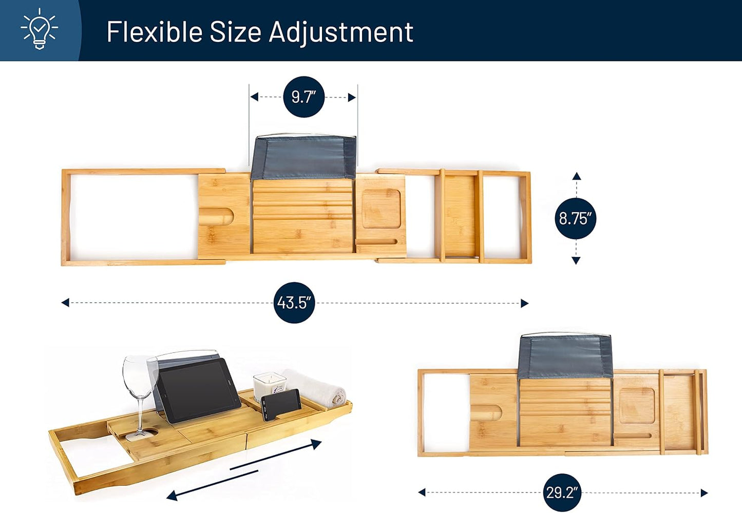 Bamboo Bathtub Caddy Tray, Expandable Bath Table Over Tub with Glass Book