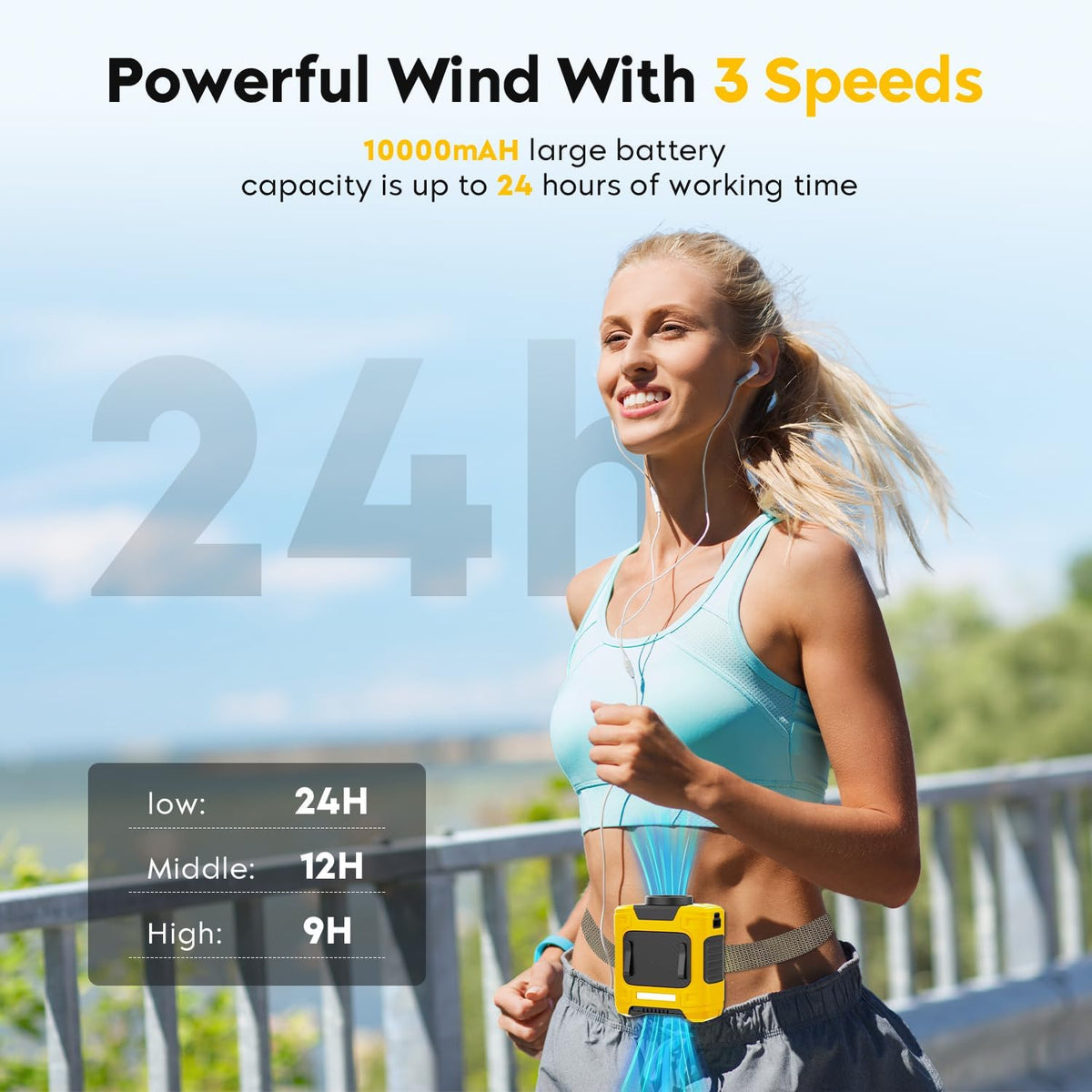 LOUISWARE Portable Waist Fan 10000mAh Rechargeable Waist Clip Fan 18000RPM With Max 12H Working Time 3-speed adjustment with LED flashlight Portable Fan for Outdoor Jobsite and etc