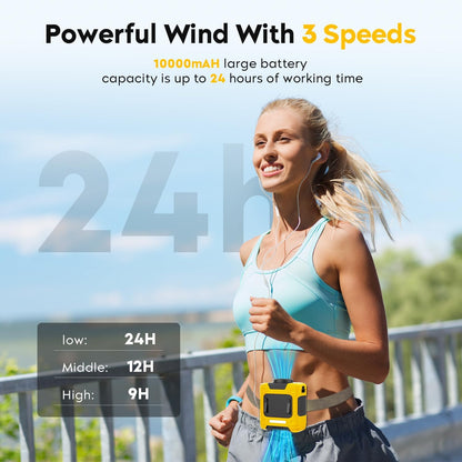 LOUISWARE Portable Waist Fan 10000mAh Rechargeable Waist Clip Fan 18000RPM With Max 12H Working Time 3-speed adjustment with LED flashlight Portable Fan for Outdoor Jobsite and etc