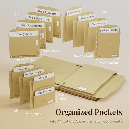 ABC life Important Document Organizer, Spine-Free Design with 14 Pockets