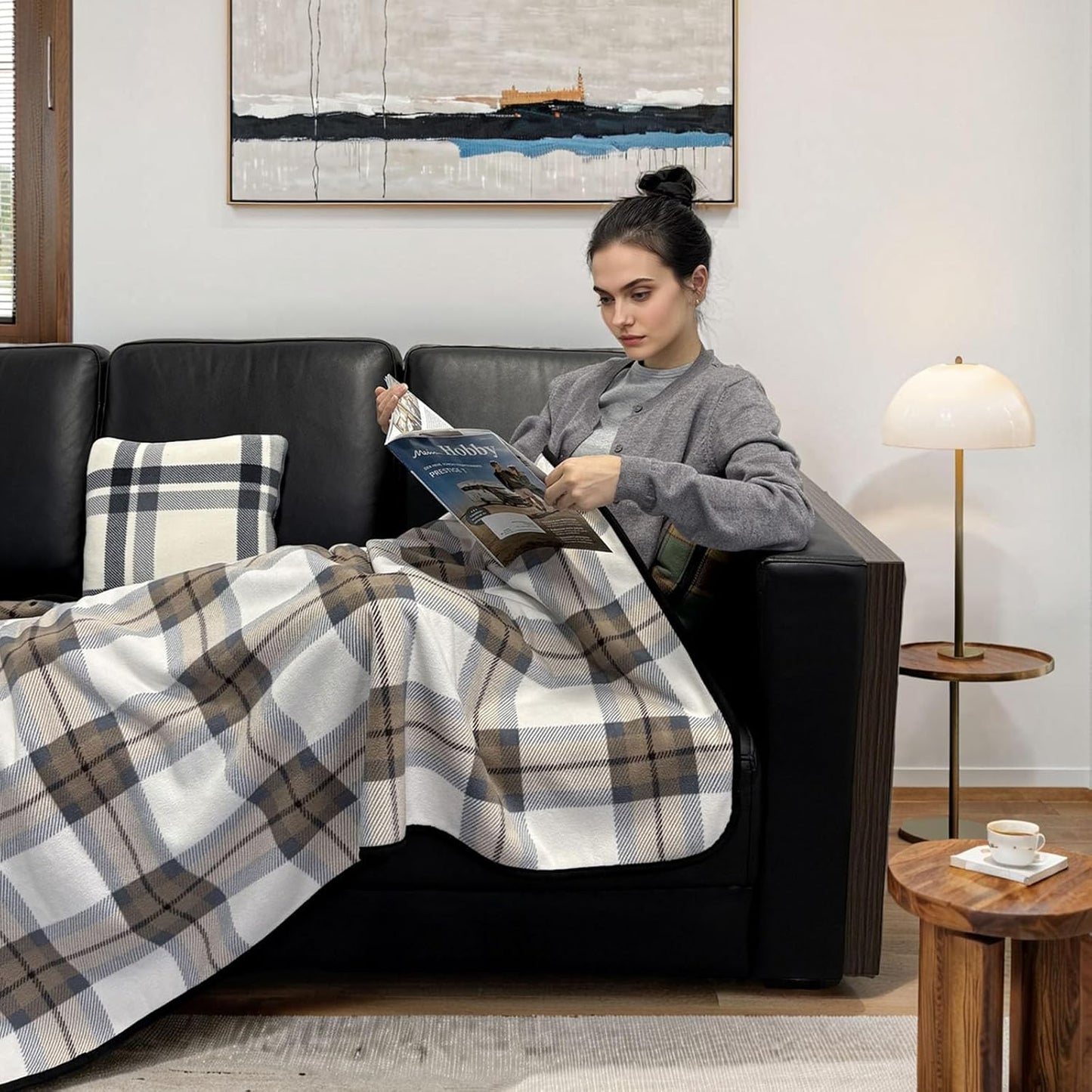 forestfish Fleece Wearable Blanket, Plaid Lap Blanket Comfy Poncho Throw with Buttons for Bed Sofa Office, Grey-White