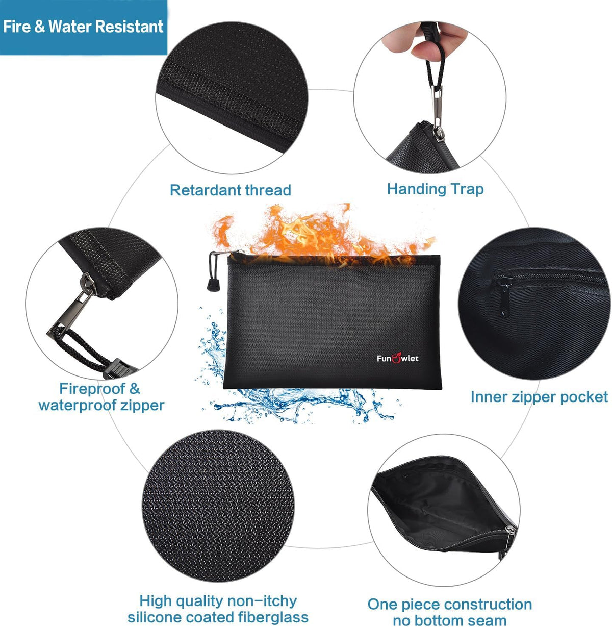 Fireproof Waterproof Money Document Bag, 2Pack Safe Pouch Black