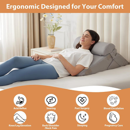 BIEEZZK Wedge Pillow Set for After Surgery, Wedge Pillow for Acid Reflux, Bed Wedge Pillow with Adjustable 9&12inch for Headboard,Sleeping, Orthopedic Memory Foam for Neck&Back Support, White/Grey
