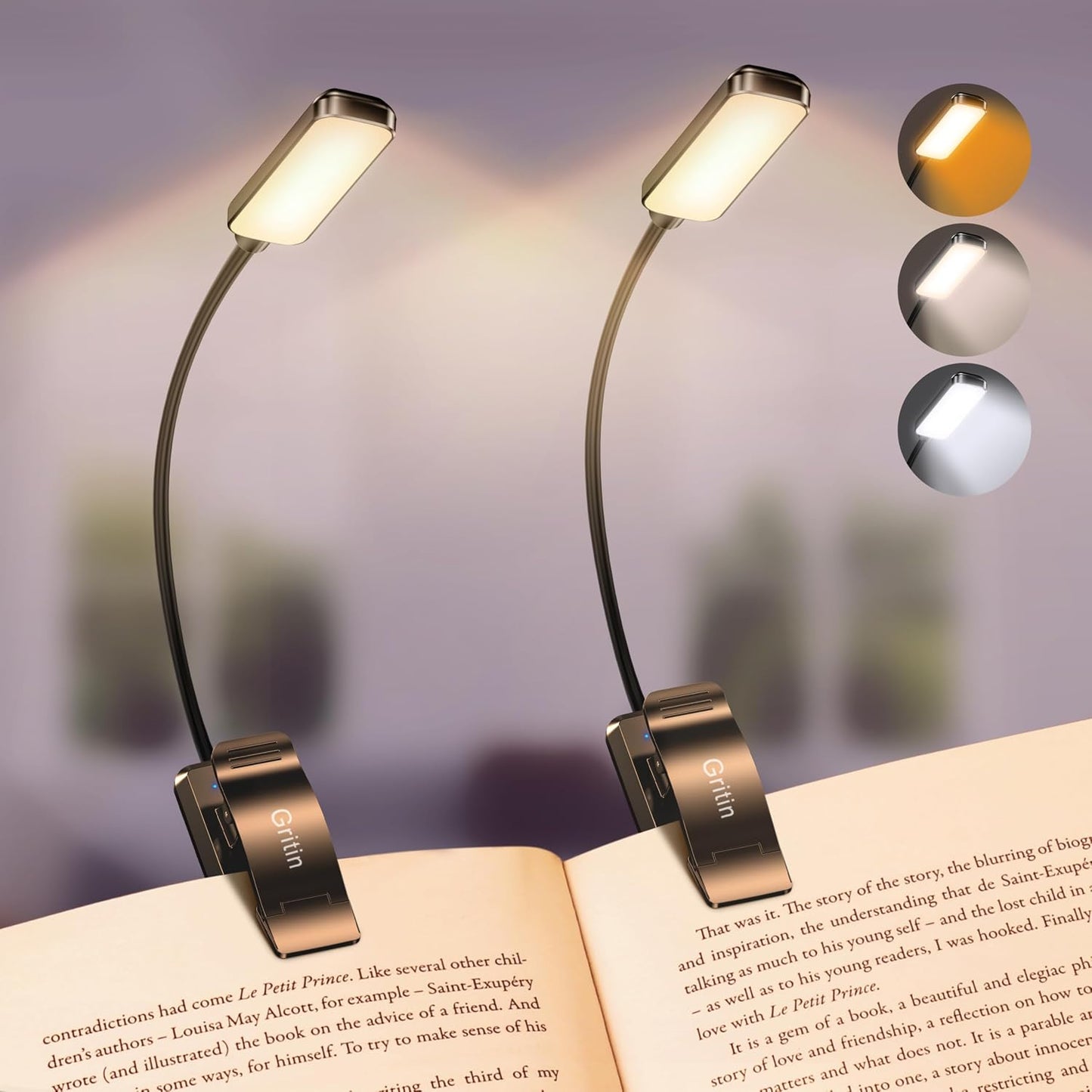 Gritin 9 LED Rechargeable Book Light for Reading in Bed | Eye Caring 3 Color Temps,Stepless Dimming Brightness,80 Hrs Runtime Small Lightweight Clip On Book Reading Light for Studying