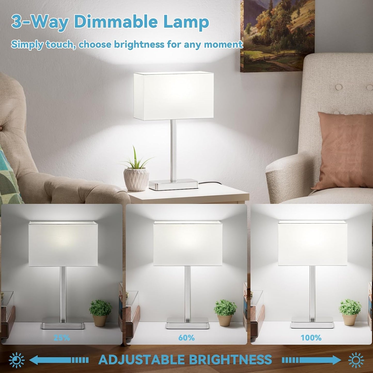 Hong-in Touch Lamps for Bedroom - 3-Way Dimmable Bedside Lamps Set of 2 with USB C+A, Grey Modern Table Lamp for Night Stands, Desk Lamp for Living Room Nightstand End Tables Bed Side
