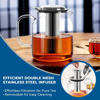 Aquach 51oz Glass Teapot with Infuser, Stovetop Safe Borosilicate Tea Pot | Dishwasher Safe, Plastic-free, Precise Loose Leaf Filter, Easy-clean Opening, Sharing Capacity