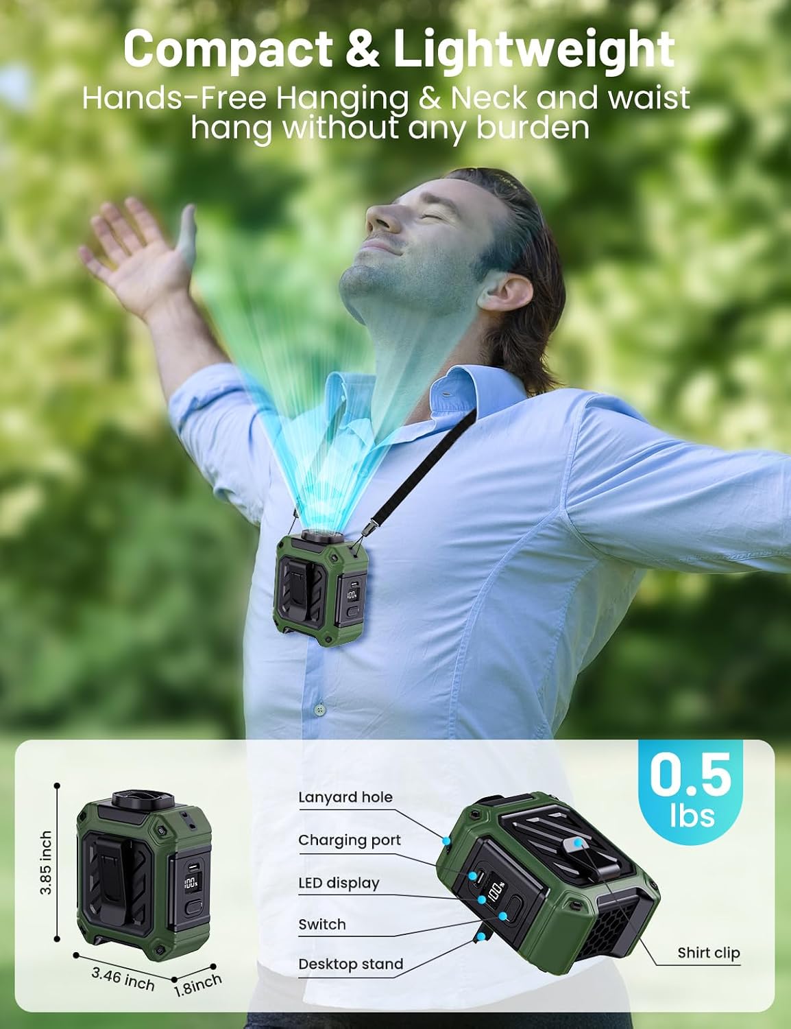 Portable Waist Fan with 10000mAh Battery, 5 Speeds, 130° Wide Angle Airflow, Hands-Free Clip-on for Outdoor Work, Hiking, Camping (orange)