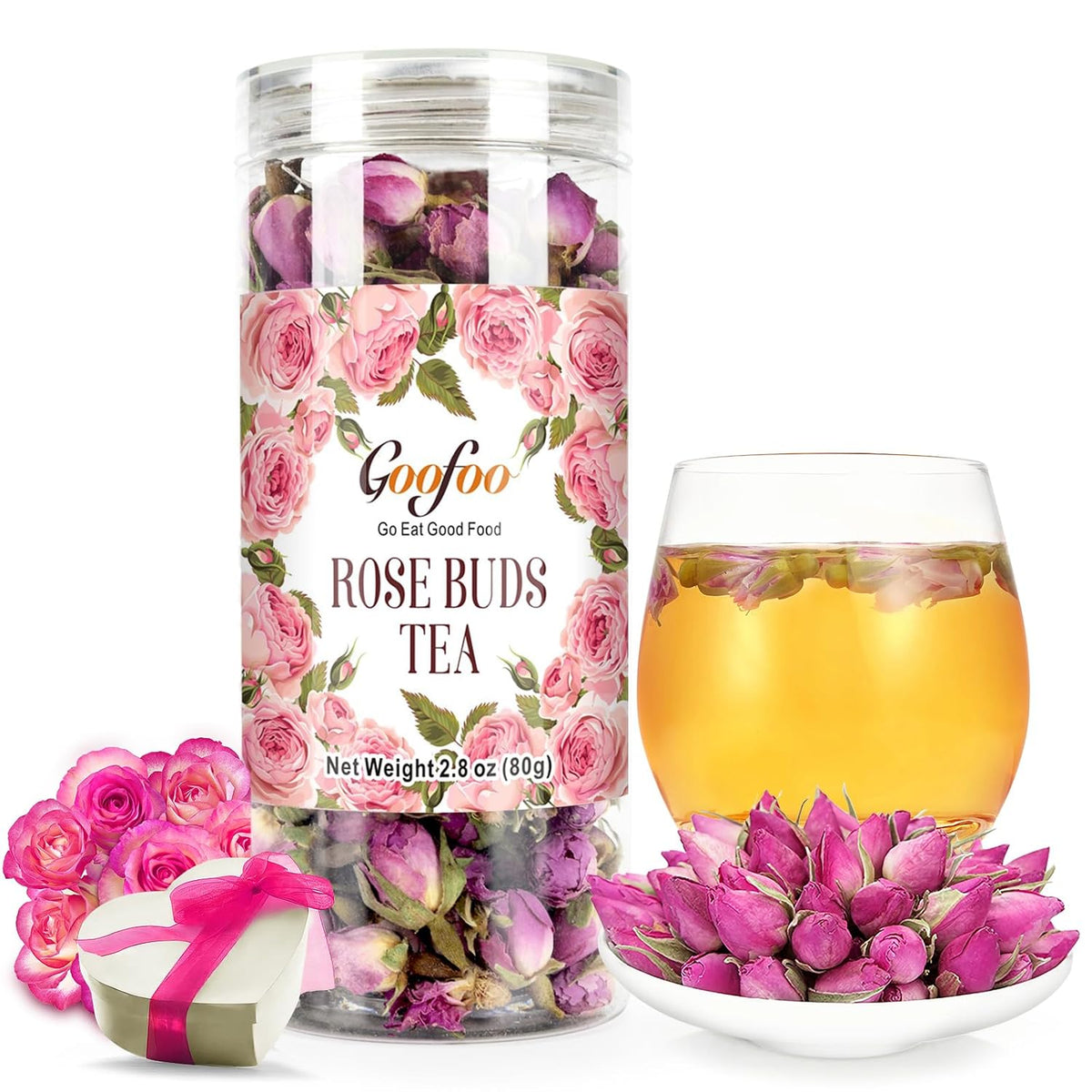 Goofoo French Dried Rose Buds, Natural Edible Flower Tea Loose Leaf 2.8 Oz