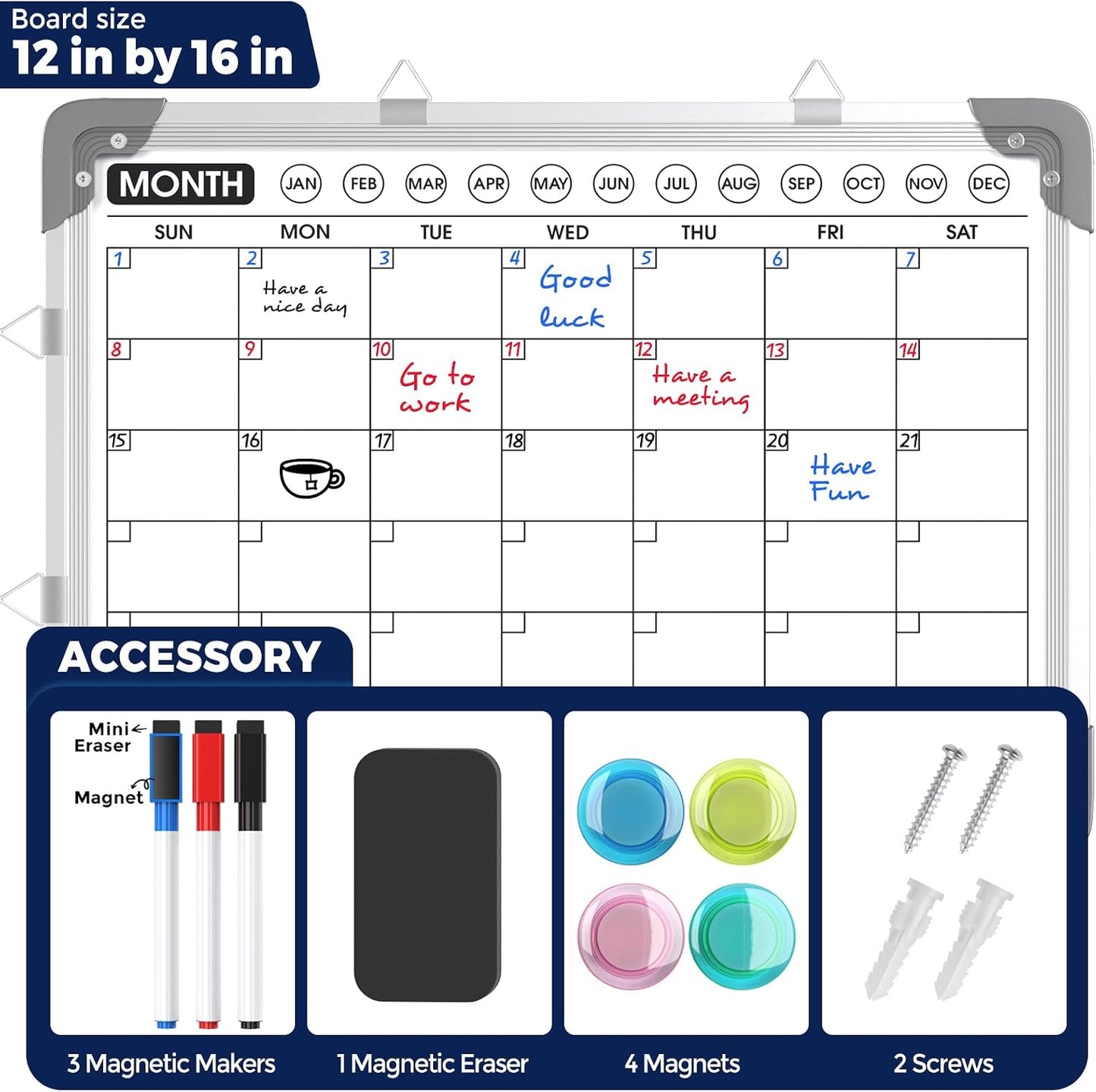 MaxGear Monthly Calendar Dry Erase Board for Wall, 16"x12", White Frame | Double-Sided, Hanging Small White Board, Portable Whiteboard for Planning, Drawing, Memo, to Do List, Home, Kitchen, Office