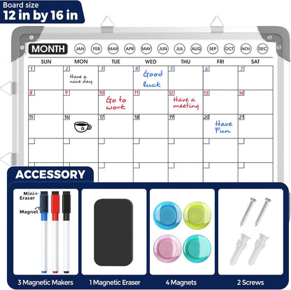 MaxGear Monthly Calendar Dry Erase Board for Wall, 16"x12", White Frame | Double-Sided, Hanging Small White Board, Portable Whiteboard for Planning, Drawing, Memo, to Do List, Home, Kitchen, Office