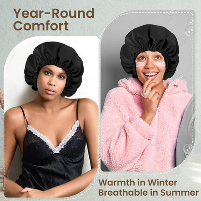 Adjustable Double Layer Silk-Satin Hair Bonnet for Sleeping Women – Anti-Frizz Curly Hair Sleep Cap, Hair Protector for Night, Moisture Retention Soft Bonnet for Natural Hair (black,Large)