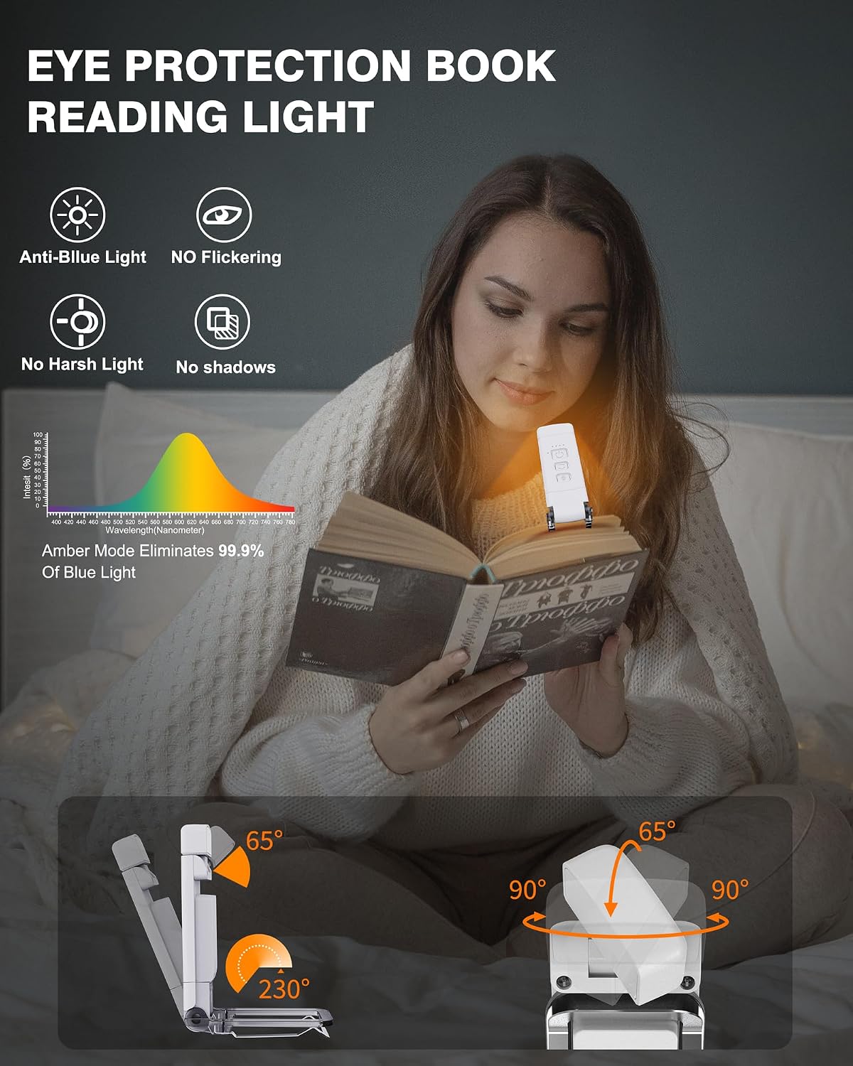 2-Pack Book Lights for Reading at Night, USB Rechargeable Book Light for Reading in Bed, Portable Clip-on LED Reading Light, 30/60-min Timer, 3 Amber colors, 5 Brightness Dimmable, 6 Bookmarks, Kids