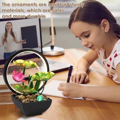 Tabletop Fountain 3-Tiers Leaf,11" Small Waterfall Fountains Indoor Water Fountain with Rocks and Ring Lights,Desktop Fountains for Meditation Relaxation for Bedroom Living Room Office