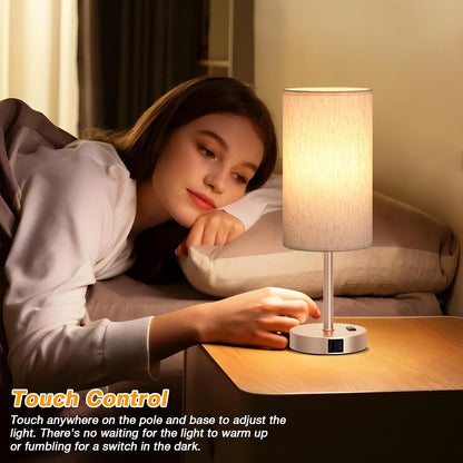 Dicoool Touch Bedside Table Lamp with USB - 3 Way Dimmable Wood Lamp for Bedroom Nightstand, Desk Lamp with Charging Station for Dorm, Living Room, Office, Kids Room, Small, 14in