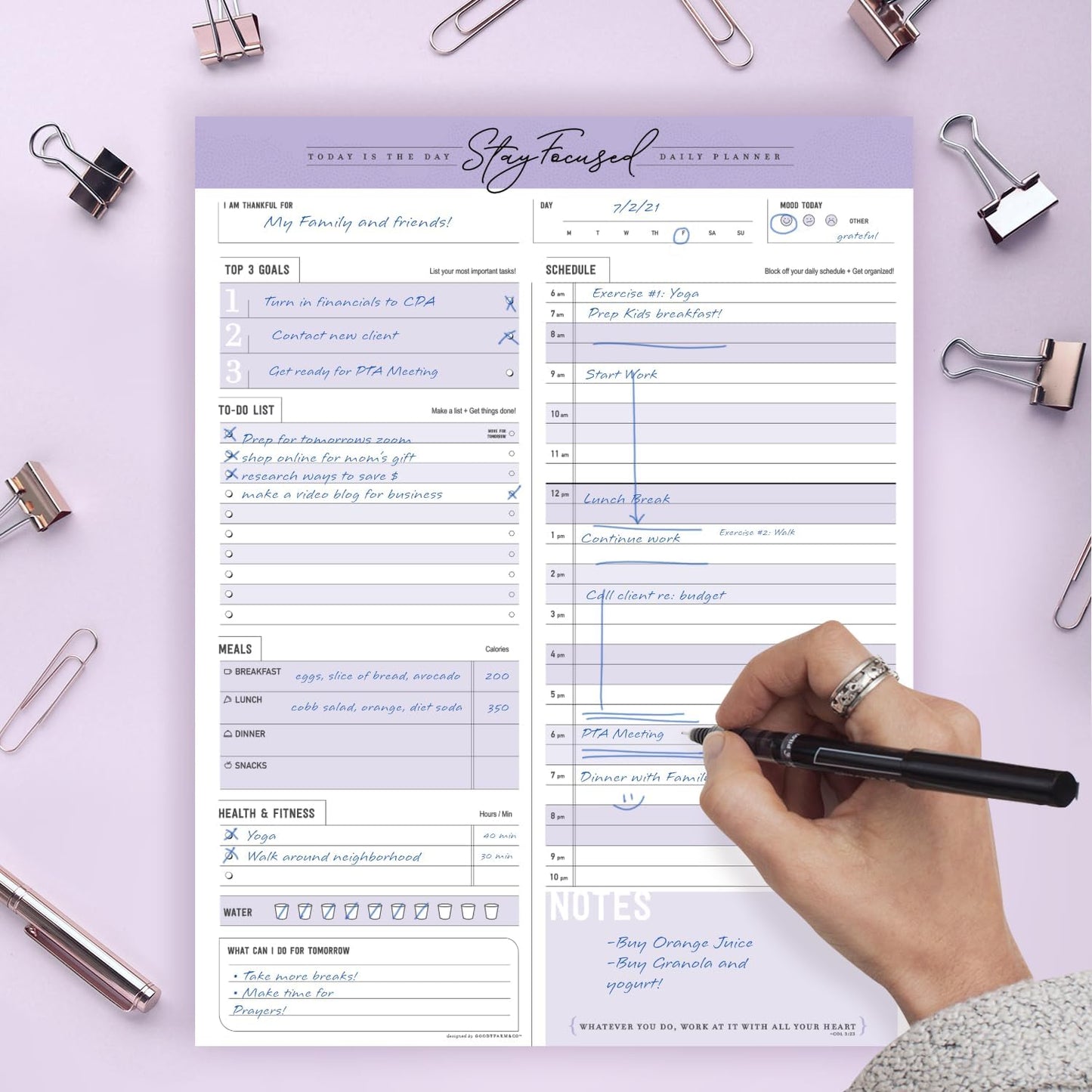 Daily Notepad Planner To Do Schedule - Stay Focused 50 Tear off Premium Made USA (Rose Pink)