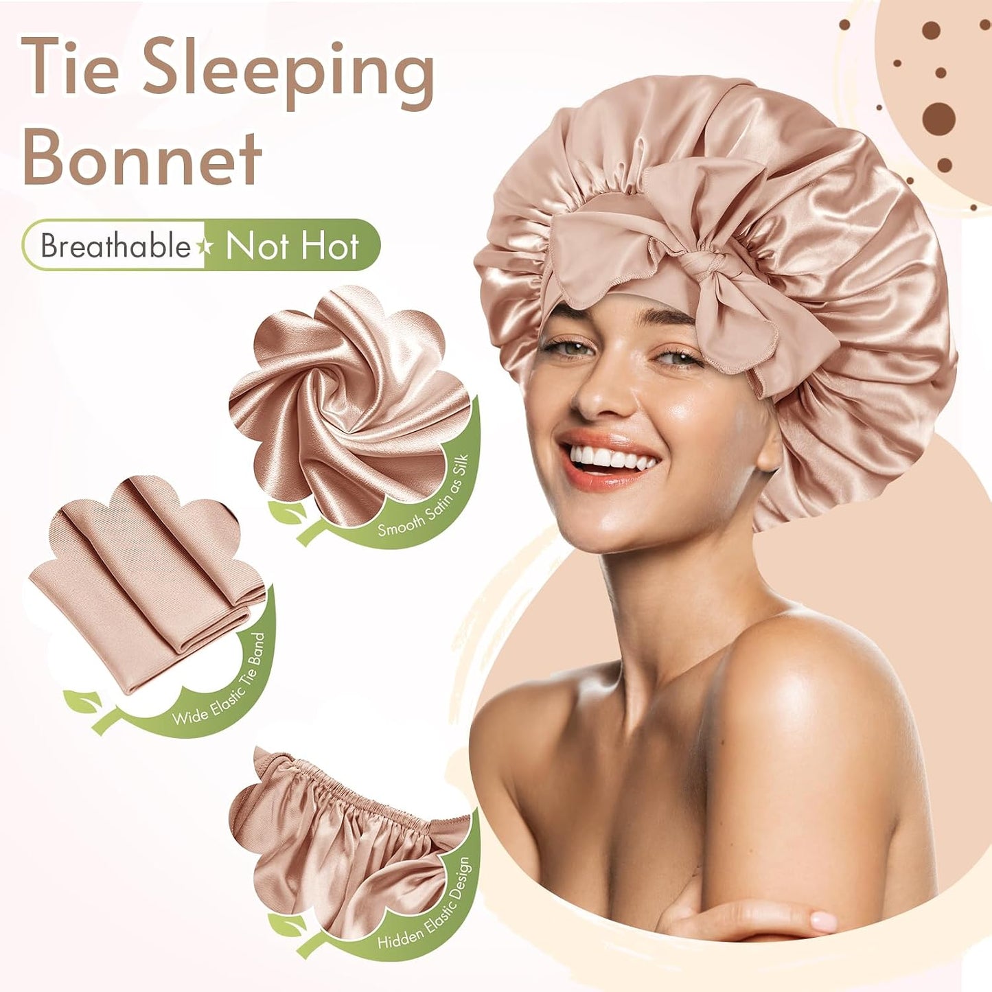 BONNET QUEEN Silk Bonnet for Sleeping for Women Satin Bonnet Night Cap for Curly Hair with Tie Band, Single Layer, Cream Pink