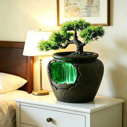 Mini Artificial Bonsai Tree Waterfall Fog Feature Rock Tabletop Fountain | 11in Desktop Decor Waterfall Fountain W/ Water Pump& Atomizer&LED Lights &Fake Tree Office Bedroom Relax