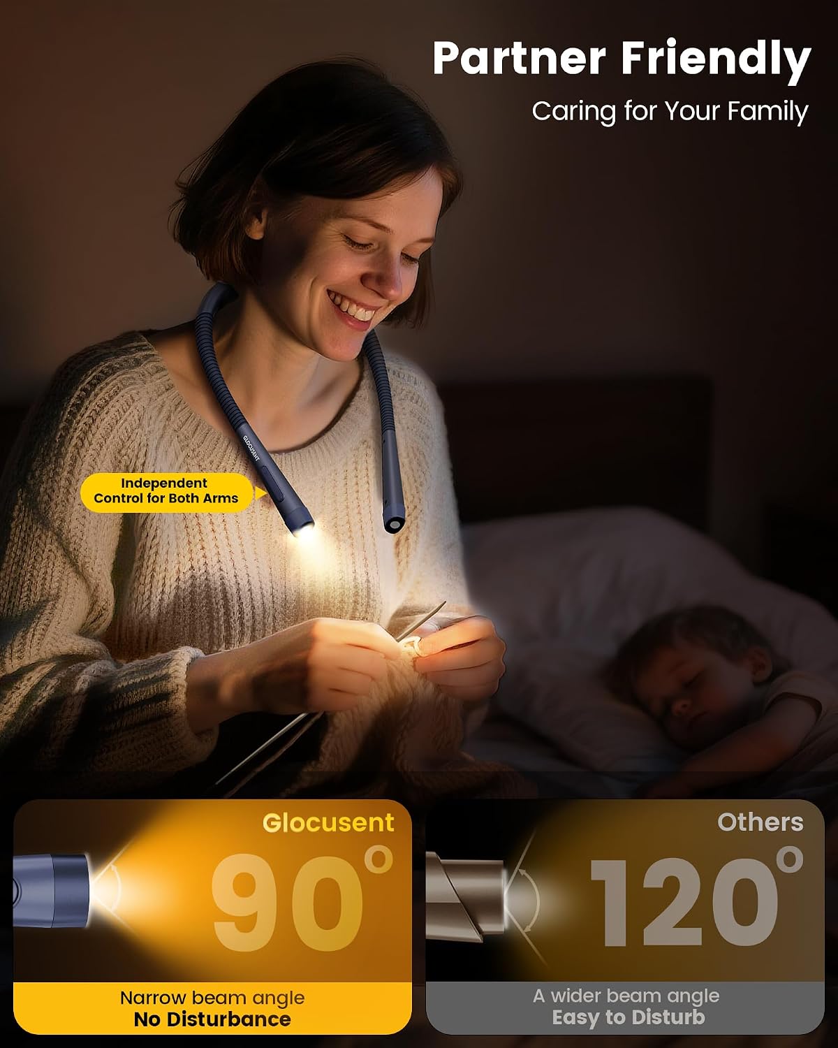 Glocusent Neck Light with Timer, 100 Hours Book Light for Bedtime Reading