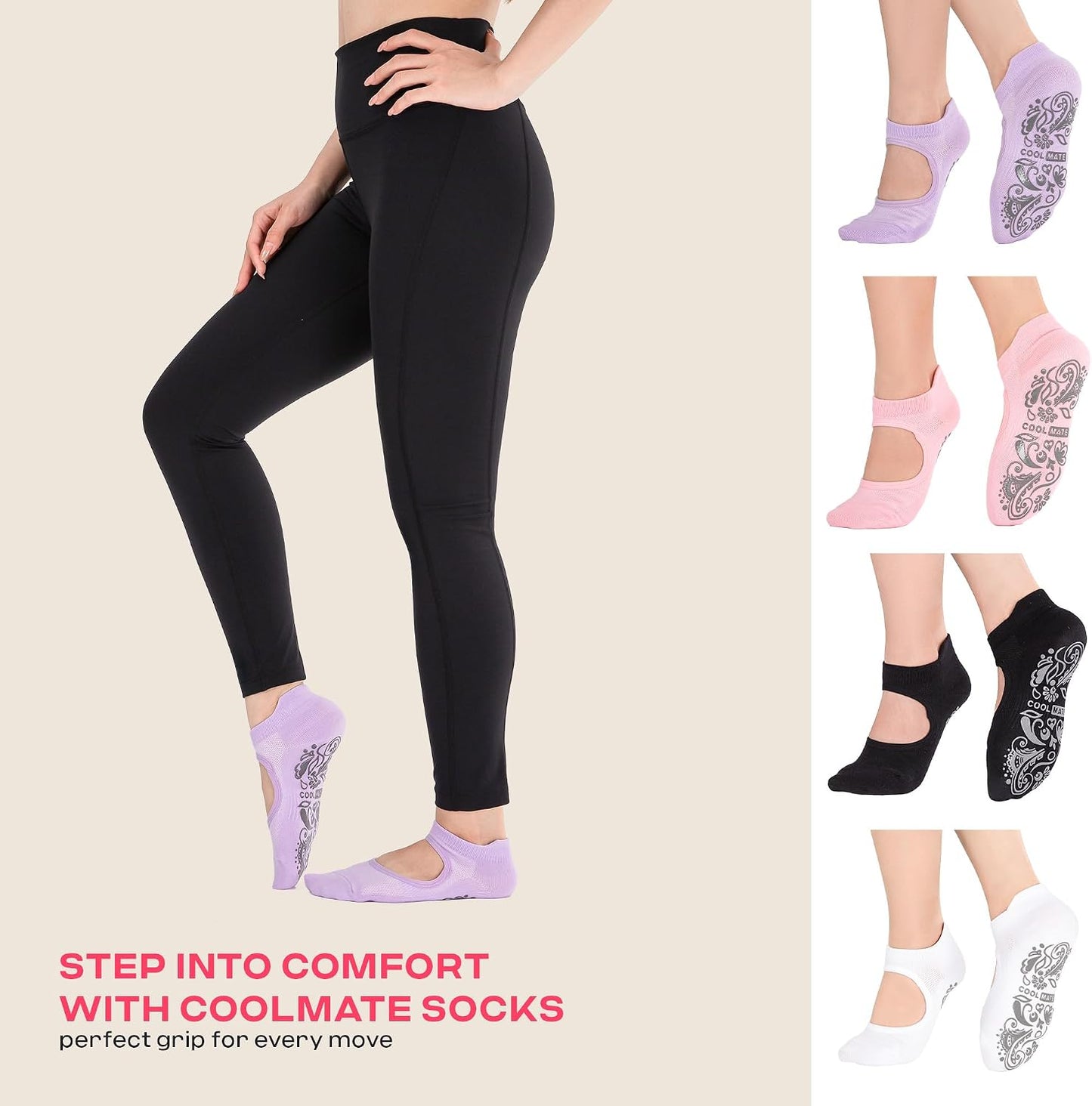 COOLMATE Pilates Socks with Grips for Women, Yoga Socks, Crew Non Slip Women for Barre, Pilates Gifts for Women - Colors B