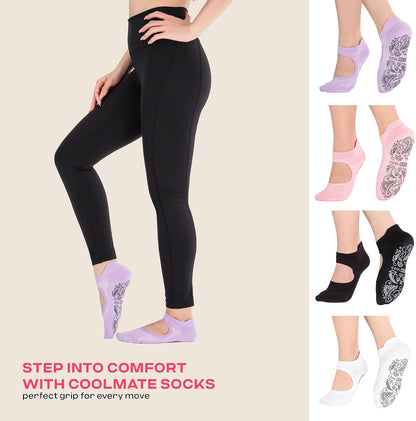 COOLMATE Pilates Socks with Grips for Women, Yoga Socks, Crew Non Slip Women for Barre, Pilates Gifts for Women - Colors B